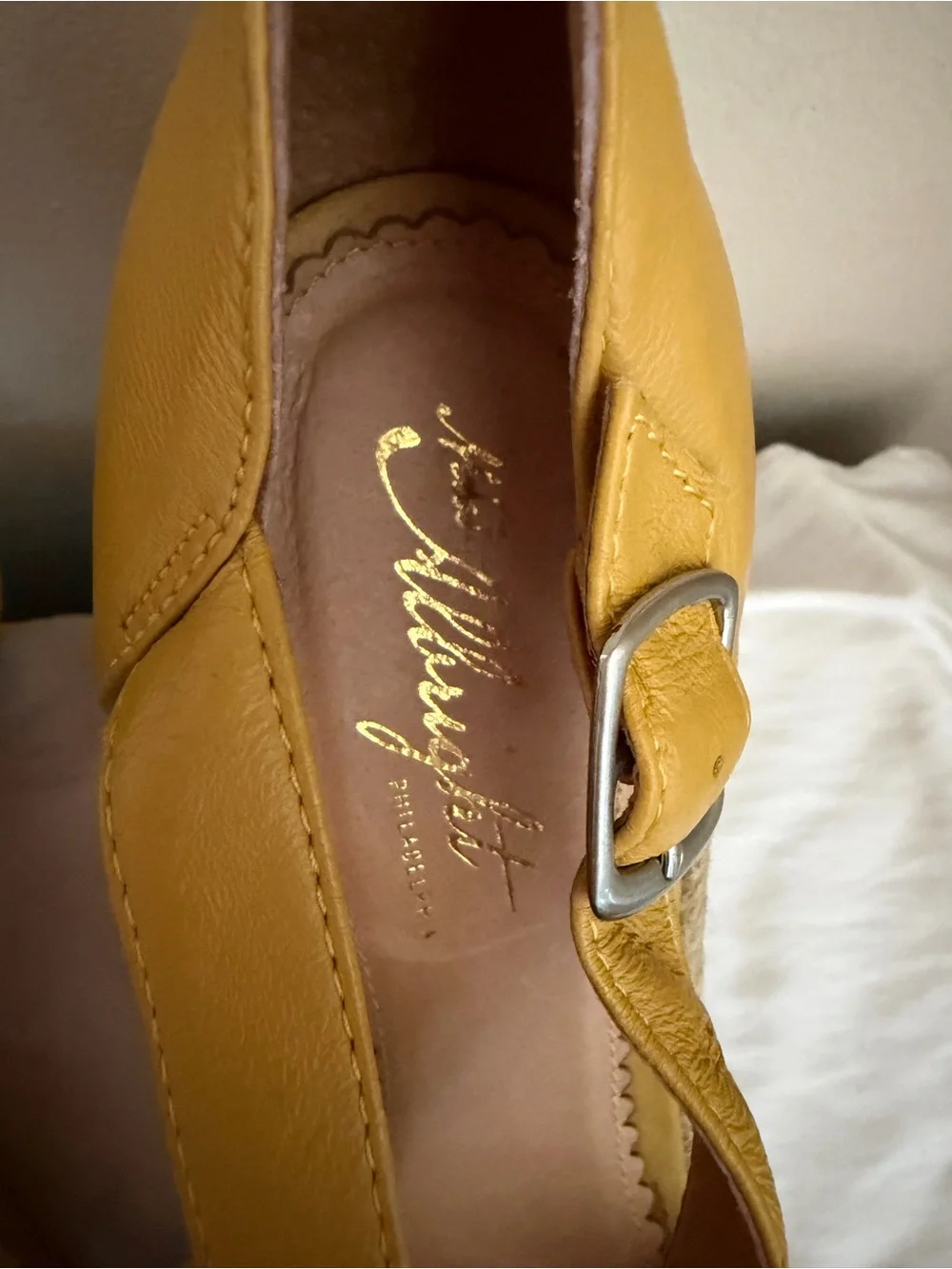 Miss Albright Yellow Leather Floral Rosette Wedge Sandals